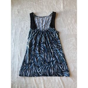 Ana 100% Cotton Sleeveless Blue and Black Patterned Top with Black Trim Size S